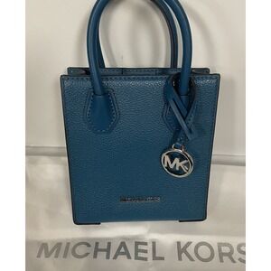 Michael Kors Mercer Extra Small Blue Pebbled Leather Charm Crossbody SRP $348.00